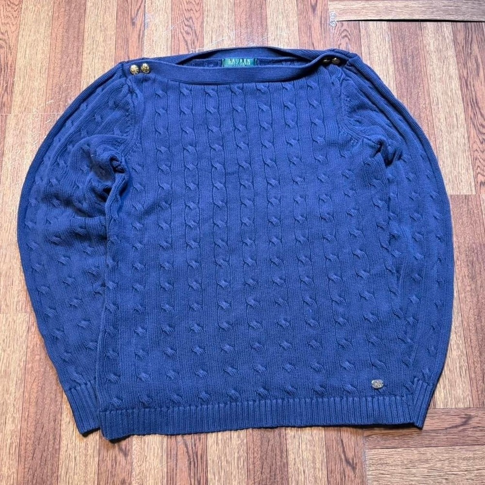 Polo Ralph Lauren Blue Women's Button Cable Knit Sweater Fits Medium